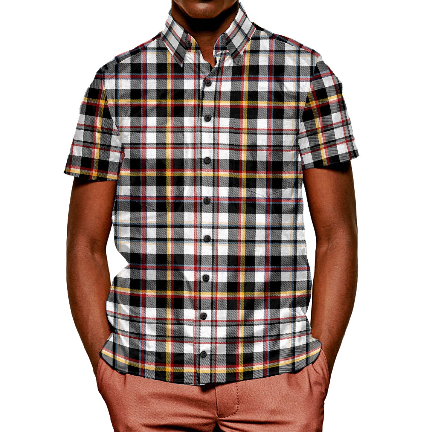 Tailored Short sleeve with hidden button and loop collar - The Kick Plaid in Pima Cotton Poplin
